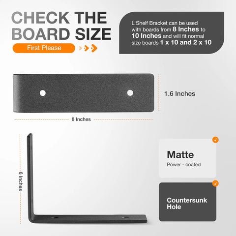 Diagram of Heavy Duty 8 Inch L Shelf Brackets Pack Of 6 Black, dimensions and features like matte finish and countersunk holes.