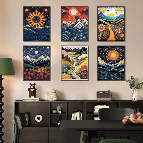 Six Pack Landscape Abstract 5D Diamond Painting Kits For Adults Beginners DIY Home Wall Decor Gift Set displayed on a living room wall