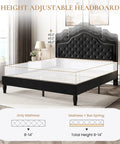 Queen Bed Frame With Fly Velvet Upholstery, Adjustable Diamond Tufted Headboard in matte black with height information