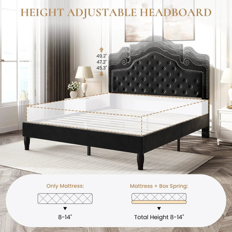 Queen Bed Frame With Fly Velvet Upholstery, Adjustable Diamond Tufted Headboard in matte black with height information