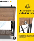 80-Quart Rolling Party Cooler With Divider, 36 Hour Chill, wood grain brown finish, showcasing stainless steel drain plug, wicker shelf