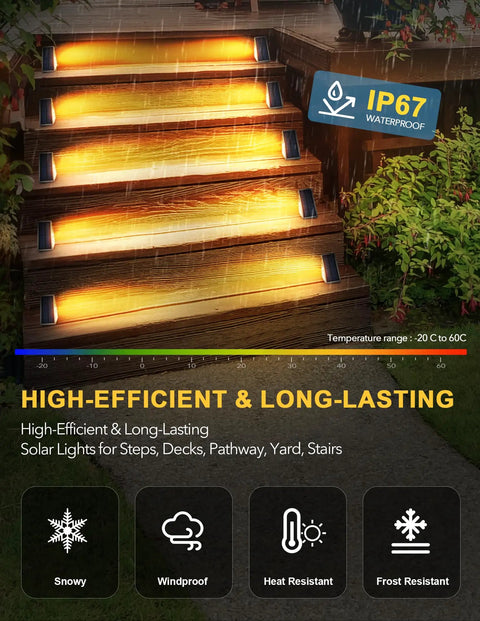 Solar LED Step Lights For Outdoor Stairs Waterproof IP67 Weatherproof Dope Warm White Deck Lights on wooden steps