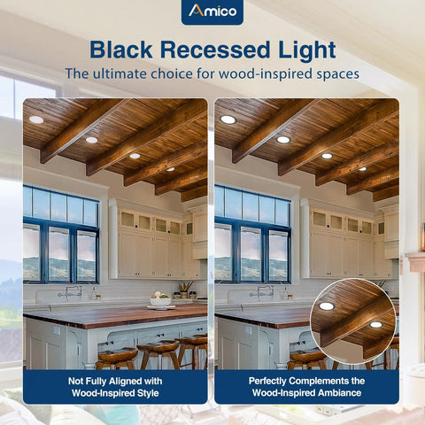 Room with Twelve Pack Ultra Thin LED Recessed Ceiling Lights With J Box Five CCT Selectable, showcasing wood-inspired design.