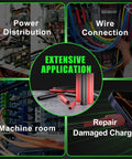 Image showing applications of Three Quarters Inch Heat Shrink Tubing Roll Set, 8 Ft, including power distribution, wire connection, machine room, and charger repair.