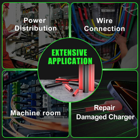 Image showing applications of Three Quarters Inch Heat Shrink Tubing Roll Set, 8 Ft, including power distribution, wire connection, machine room, and charger repair.