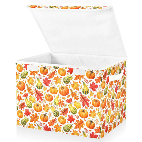 Top Shelf Foldable Storage Bin With Snug Flip Top Lid And Reinforced Handles For Bedroom Closet Organization, 16.5x12.6x11.8 fabric cube with fall pattern.