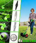 Woman using 21V Cordless Weed Wacker And Leaf Blower Combo Kit With Dual Batteries Lightweight Electric Trimmer for lawn edging.