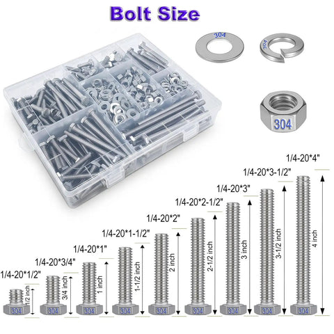 Hella Solid 280 Piece 1/4 Inch 20 Thread Stainless Steel Hex Bolt And Nut Assortment Kit With Nine Convenient Lengths in clear case.