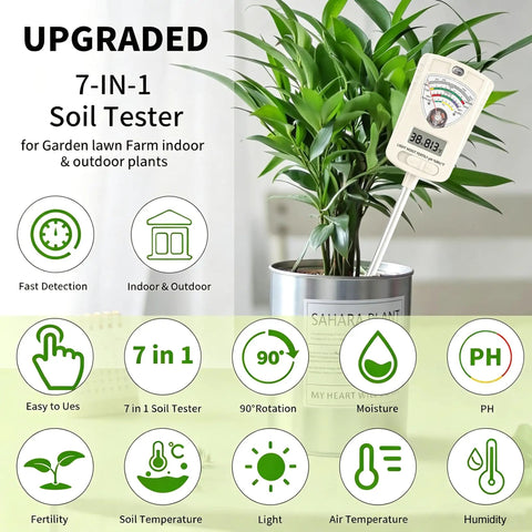 7 In 1 Soil Test Kit For Home Gardeners And Lawn Care With Moisture, pH, Temperature, Sunlight, Humidity And Fertility Meter, Built In 1.6 Inch Sensor, One Button Mode Switch For Easy Indoor Outdoor Plant Diagnostics. in potted plant