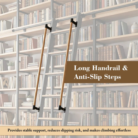 Rolling Library Ladder With Six Point Six Foot Sliding Track And Ninety Six Inch Telescoping Aluminum Ladder On Wheels With Handrail For bookshelves loft and closet space saving rail mounted design heavy duty yet lightweight, long handrail