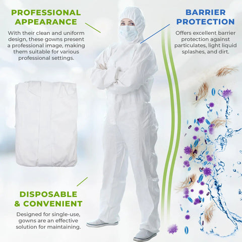 White Disposable Coveralls With Hood For Men And Women Pack Of 5 Microporous Lab Painter Hazmat Suits With Storm Flap Zipper 60 GSM Large Durable Go To Workwear Dust Proof Chemical Resistant Protection For Work shown on model and folded suit