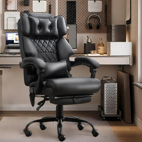Massage Office Chair With Foot Rest And 3D Kneading Heat, Boss Level Comfort Ergonomic Desk Chair For Heavy People, Black