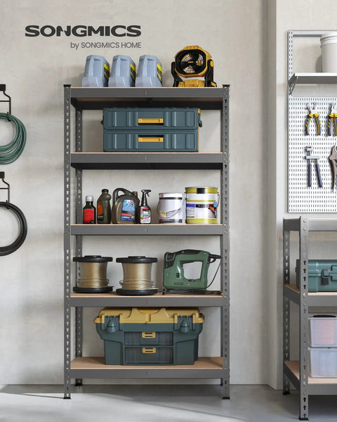 Hella Sturdy Five Tier Storage Shelves Heavy Duty Adjustable Metal Rack No Sweat Boltless Assembly Rock Solid Design Top Shelf Organization For Garages Basements Holds Thousands Of Pounds Gray And Beige