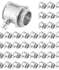 Fifty Piece Pack Of Super Tough EMT Connectors For Half Inch Electrical Conduit Systems Featuring Corrosion Resistant Zinc Alloy Build.
