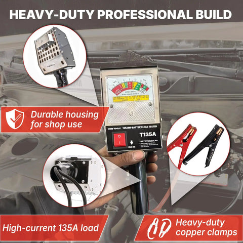 135 Amp Battery Load Tester For Cars, Motorcycles, And Marine Batteries 6V 12V Automotive Charging System Analyzer With Easy Read Gauge And Copper Jaw Clamps, Quick 10 Second Battery Health Check, Rugged Pro Grade Diagnostics. handheld 135A tester with gauge and copper clamps