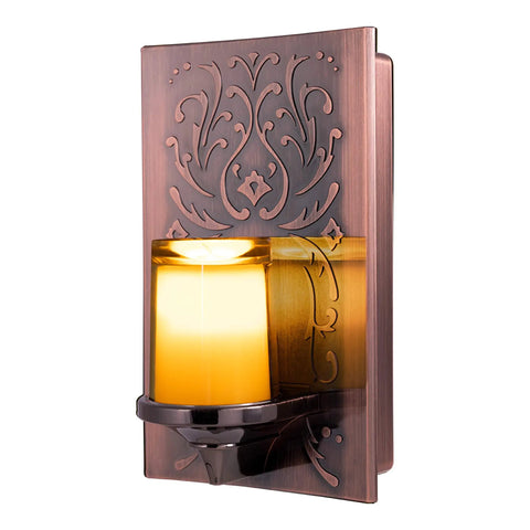 Decorative LED Night Light with Plug-In Dusk-To-Dawn Sensor in warm white brushed nickel finish, ornate design, glowing.