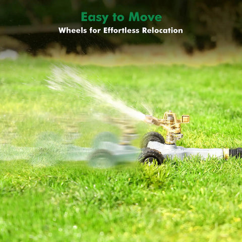 Heavy Duty Full Metal Pulsating Sprinkler With Wheeled Base in action on a lawn, showing water spray and easy mobility.