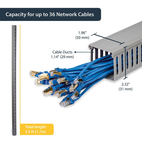 2x2in Open Slot Cable Raceway Duct with Cover for Server Racks, holding blue network cables, PVC, 5.6ft long, side view