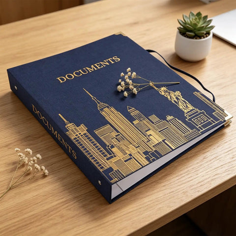 Important Document Organizer Linen Binder With 12 Expanding Pockets For Docs to help you organize like a pro on a wooden table.