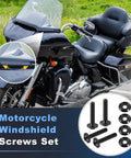 Black 4x Titanium Windshield Screws Set For Harley Davidson Touring Road Glide 2015-2023 next to motorcycle with washers