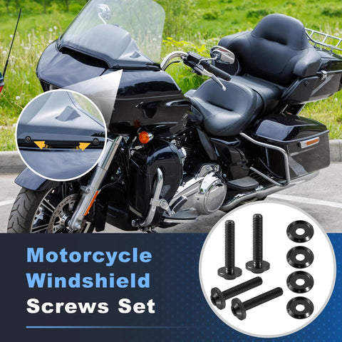 Black 4x Titanium Windshield Screws Set For Harley Davidson Touring Road Glide 2015-2023 next to motorcycle with washers