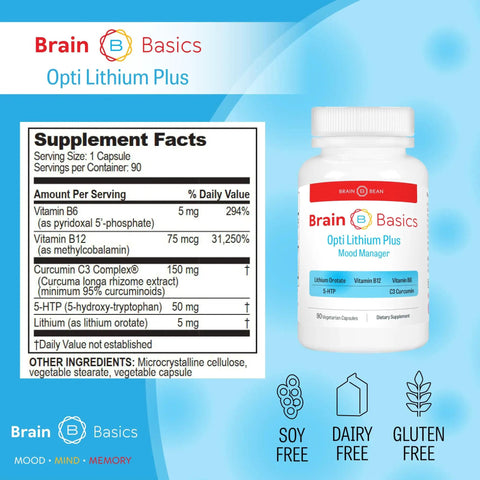 Lithium Orotate Brain Support Supplement With Enhanced Nutrient Absorption For Optimal Well Being Everyday Brain Boost Focus Mood And Cognitive Health To Keep You Sharp And On Your Game, 90 capsules bottle with supplement facts.