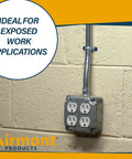 Installed All In One 4x4 Metal Outlet Box Kit With Two Tamper Resistant 20 Amp Duplex Receptacles, 4x4 Cover on wall