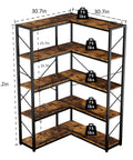 Straight Up Solid Five Tier Corner Bookshelf L Shaped Large Bookcase Rustic Brown Open Shelving Unit dimensions and weight capacity