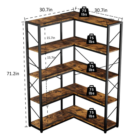 Straight Up Solid Five Tier Corner Bookshelf L Shaped Large Bookcase Rustic Brown Open Shelving Unit dimensions and weight capacity