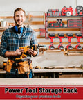 Modular Power Tool Organizer Wall Mount For Garage, Heavy Duty Metal Cordless Tool Storage Rack with 3 Tier Shelf and Hooks
