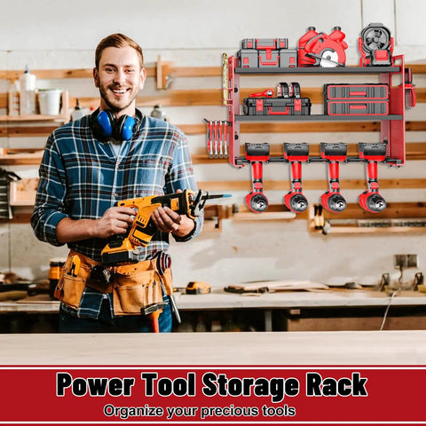 Modular Power Tool Organizer Wall Mount For Garage, Heavy Duty Metal Cordless Tool Storage Rack with 3 Tier Shelf and Hooks