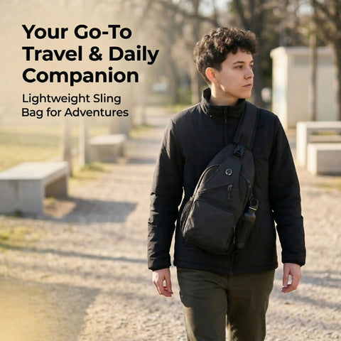 Person wearing Men's Sling Bag Crossbody Backpack, Compact Yet Roomy Small Sling Pack For Everyday Carry, Anti Theft Daypack For Travel And Hiking.
