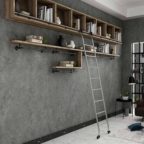 Heavy Duty Sliding Barn Door Hardware Kit Adjustable From Three Point Three Feet To Twenty Feet With Floor Rollers And Black Steel Round Tube Track For Mobile Library Ladders with ladder in use against bookshelf