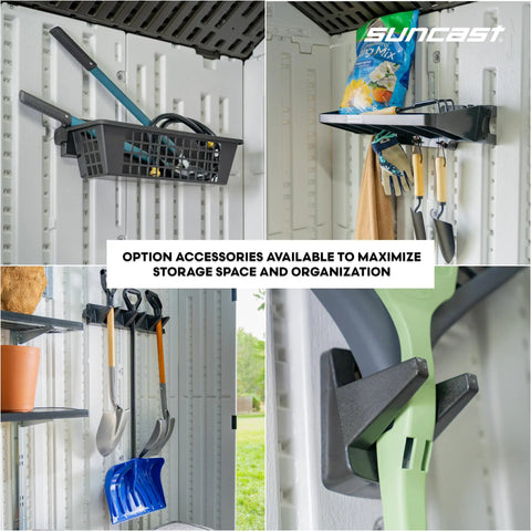 Interior of 8x7 Ft Outdoor Storage Shed With Floor, Lockable Double Doors, Skylights, showing organized tools and accessories