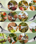 Collage showing 4 In 1 Garden Pruning Shears with Four Size Sharp High Carbon Martensitic Stainless Steel Blades in use