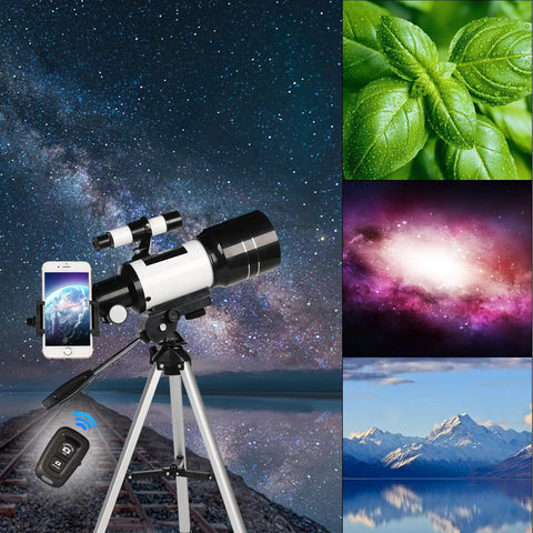 Portable 70mm Refractor Telescope For Beginners With 15x-150x Magnification setup on tripod, phone adapter, remote visible.