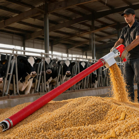 Man operating Heavy Duty Portable Grain Suction Auger Screw Conveyor With 16 Ft Flexible Hose for transferring feed.