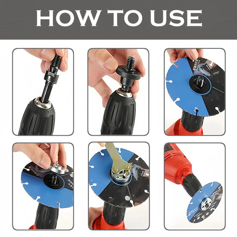 Demonstration of Pro Grade Angle Grinder Conversion Tool Kit With Drill Arbor Adapter, Replacement Flange Nuts And Spanner Wrench Set, 1 And 6mm, Compatible With Electric Drill And Grinder in use, showing assembly steps for attaching a disc to an electric drill.