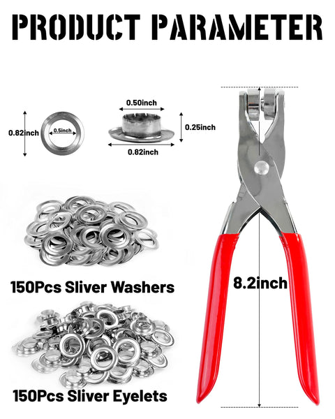Product parameter of 150 Piece Grommet Tool Kit With One Half Inch Silver Eyelets Leather Hole Punch Pliers Grommet Kit