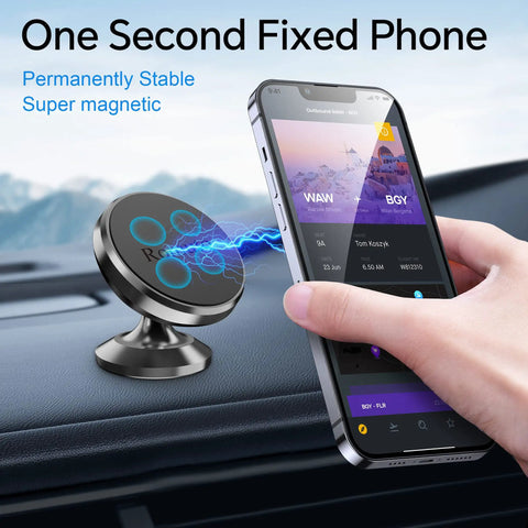2 Pack Magnetic Phone Holder For Car Dashboard With Strong Magnet And Metal Plate Included The Ultimate Universal Car Phone Mount For iPhone 17 Pro Max 16 15 14 13 12 Keeping Your Device Secure While You Ride shown installed on car dashboard.