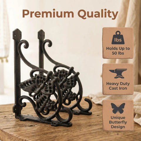 Built Like A Tank Heavy Duty Cast Iron Shelf Brackets 4 Pack Butterfly Wall Corbels 8 X 5.5 Inch close up on unique butterfly design