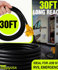 30 Foot 50 Amp RV Extension Cord With 4 Prong 14-50P And Twist Lock SS2-50R coiled near camper with grip handle.