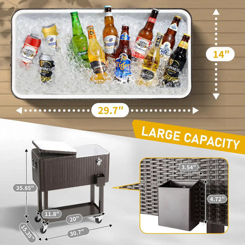 Image of 80 Quart Rolling Ice Chest Portable Bar Cooler With Catch Basin, Bottom Storage Tray And Bottle Opener for outdoor use