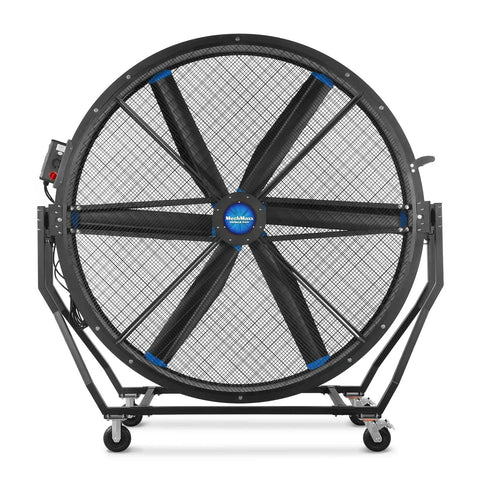Built Tough 79 Inch Portable Industrial Fan With Pro Grade PMSM Motor Tiltable Mobile Floor Blower on wheels, front view.