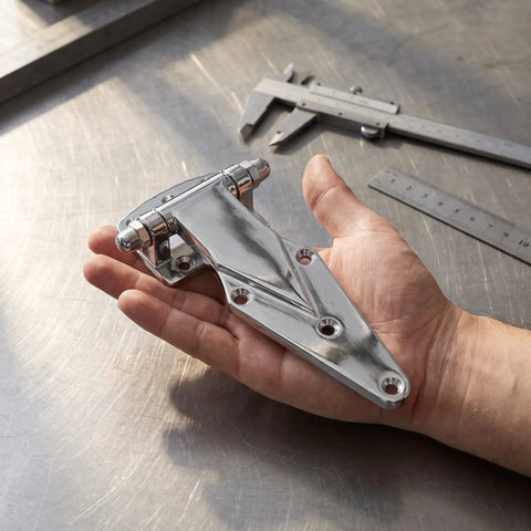 Rock Solid Zinc Alloy Cold Storage Door Hinges Heavy Duty Freezer Hinge Replacement For Walk In Cooler And Industrial Refrigeration 2 Pack displayed in hand.