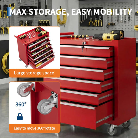 Heavy Duty Red Rolling Tool Chest On Wheels Locking Four Drawer Setup Full Extension Ball Bearing Drawers Cold Rolled Steel Shop Beast Pro Grade Corrosion Resistant with large storage space.