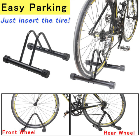 Space Saving Bike Rack Stand For Mountain And Road Bikes, Adjustable Width, Fits Most 26 Inch Wheels, Indoor Outdoor Garage Or Home Storage, Sturdy Lightweight Floor Stand With Rubber Feet holding a bike