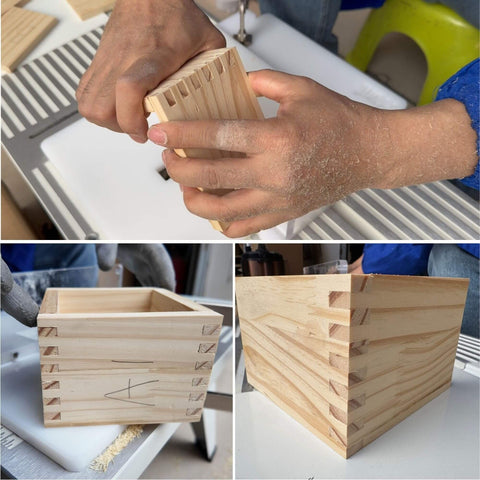 Box Joint Jig For Router Table With 3 Size Index Keys 1/4, 3/8, 1/2 Inch in use for crafting wooden drawer box joints