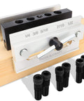 Self Centering Dowel Jig Kit with Six Drill Bushings for precise straight holes in woodworking projects shown on wood
