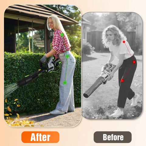 Comparison of using Ergonomic Leaf Blower Handle 2.0 with and without the back-saving grip on lawns.
